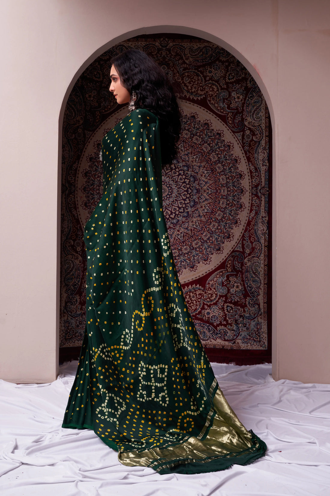 Dark Green Bandhani Silk Saree