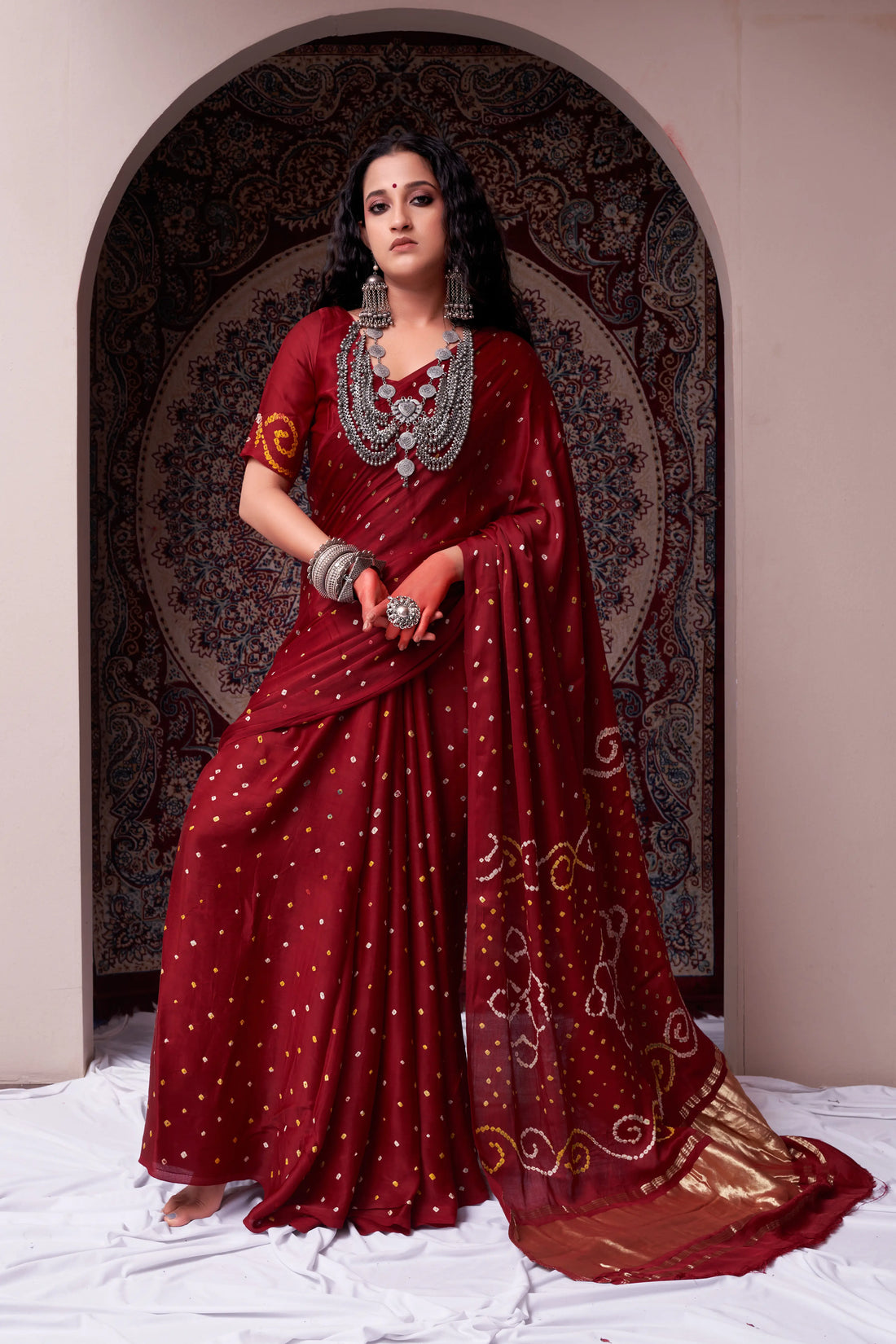 Maroon Bandhani Silk Saree