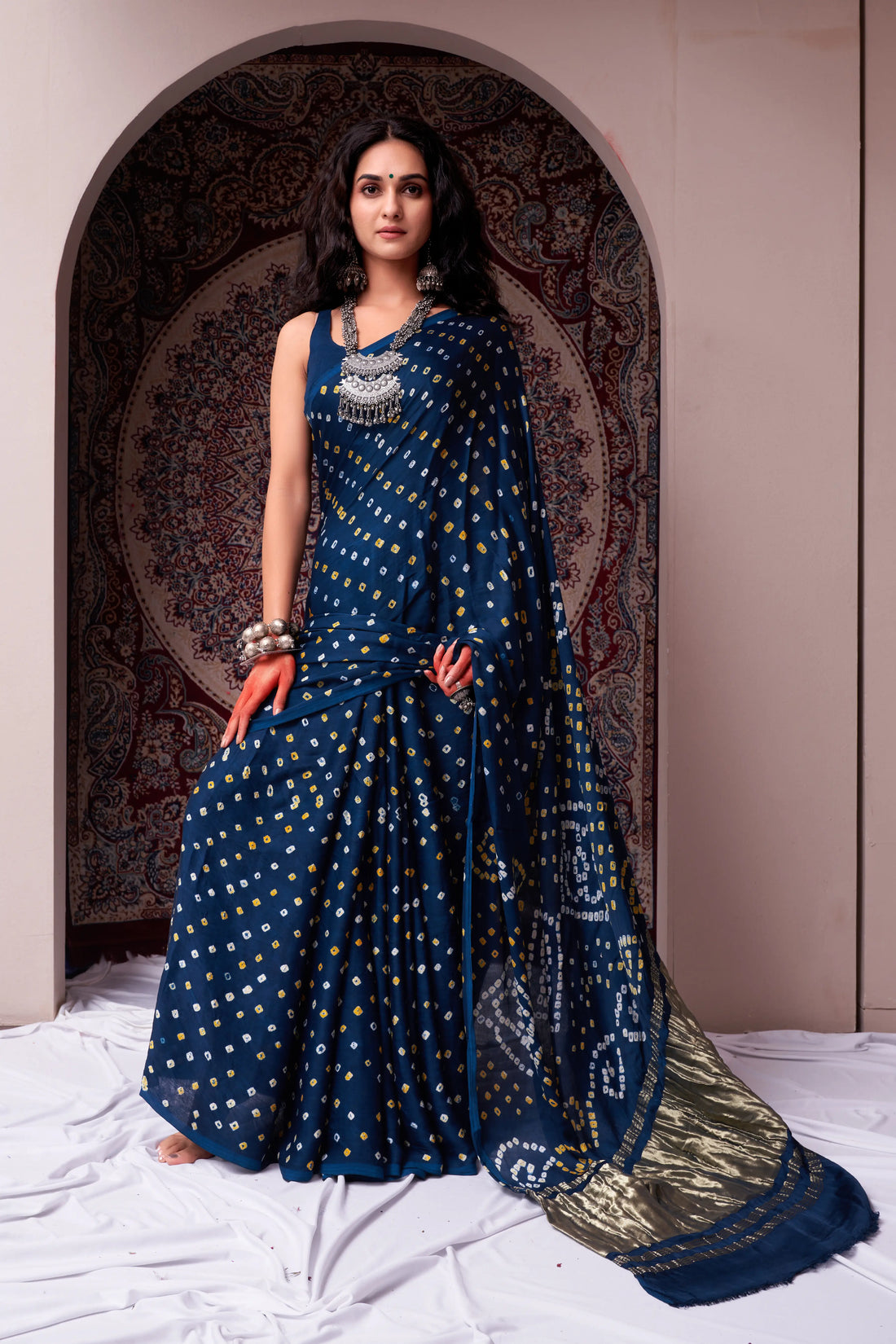 Navy Blue Bandhani Silk Saree