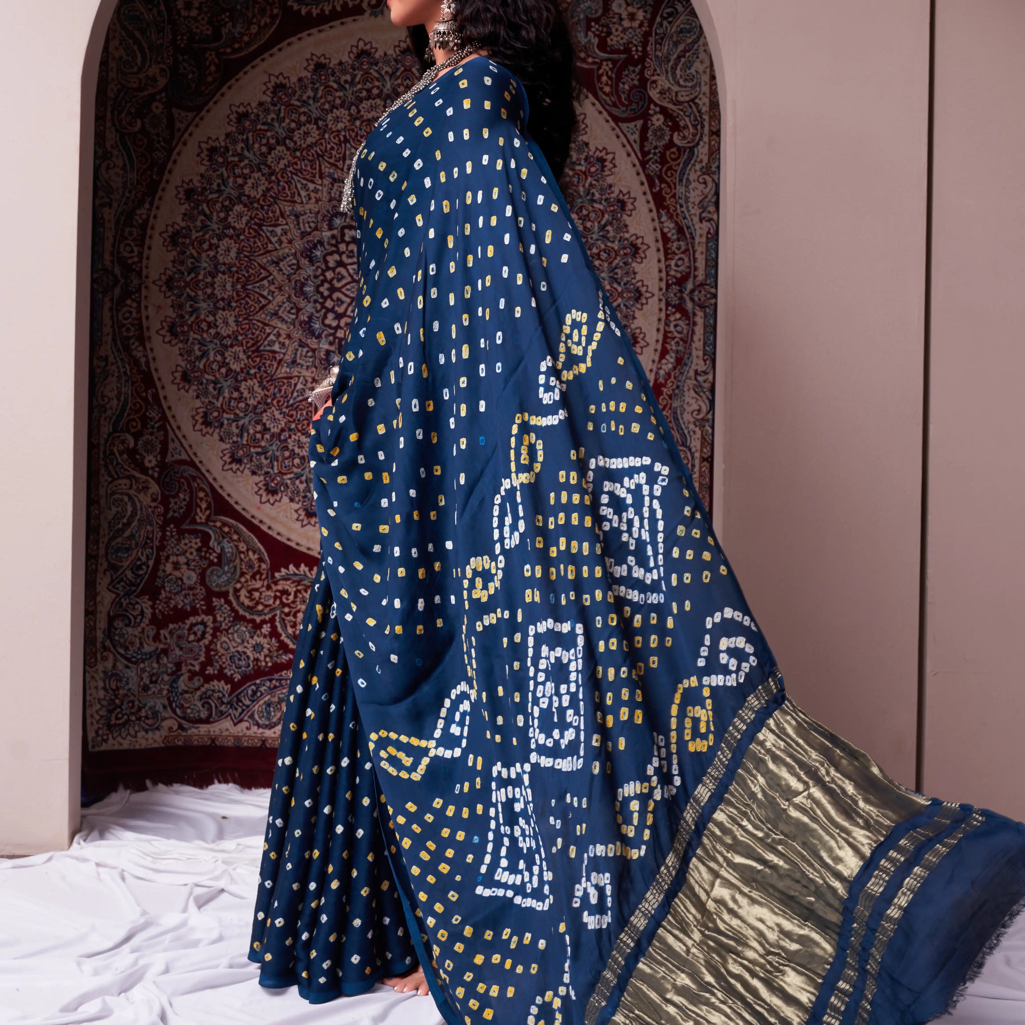 Navy Blue Bandhani Silk Saree