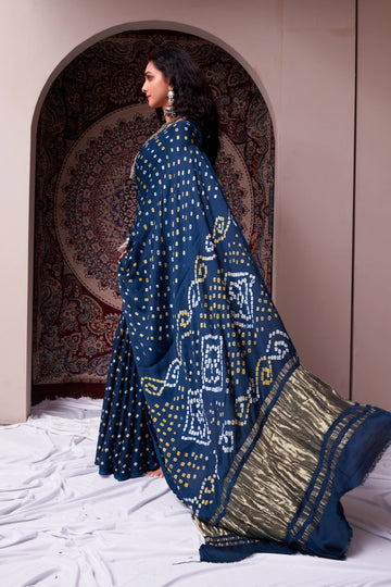 Navy Blue Bandhani Silk Saree