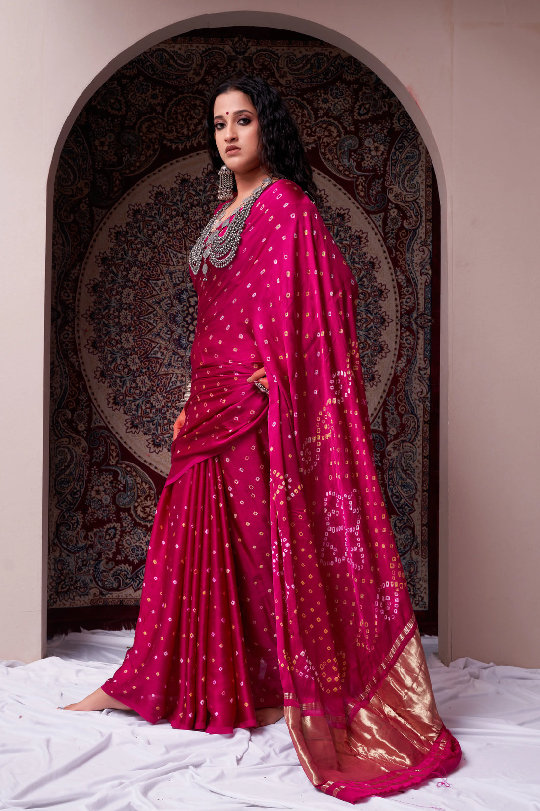 Magenta Pink  Bandhani Silk Saree