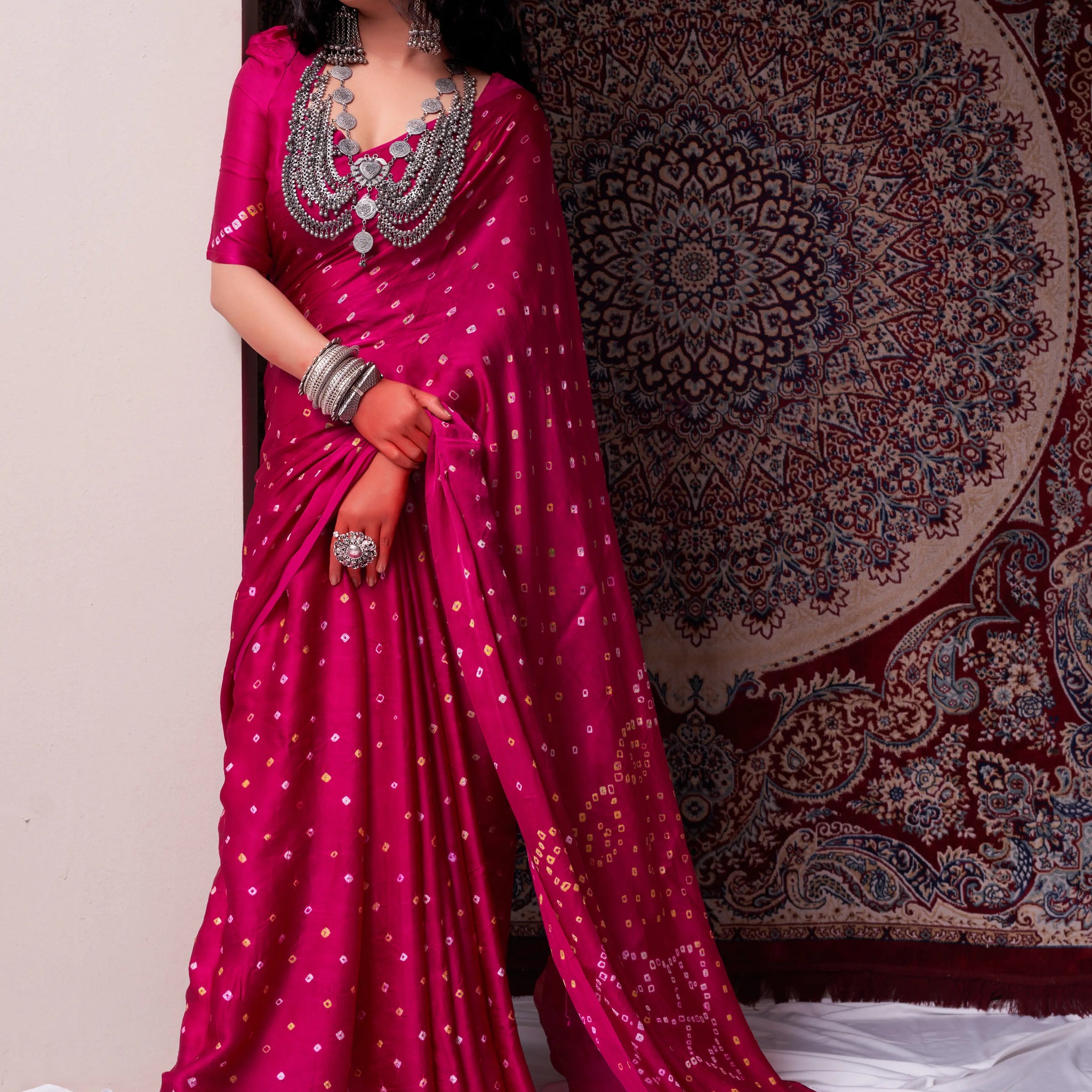 Magenta Pink  Bandhani Silk Saree