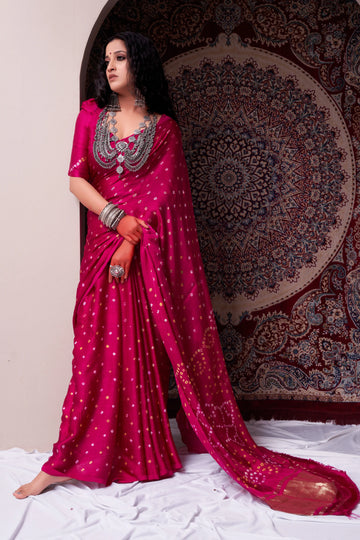 Magenta Pink  Bandhani Silk Saree