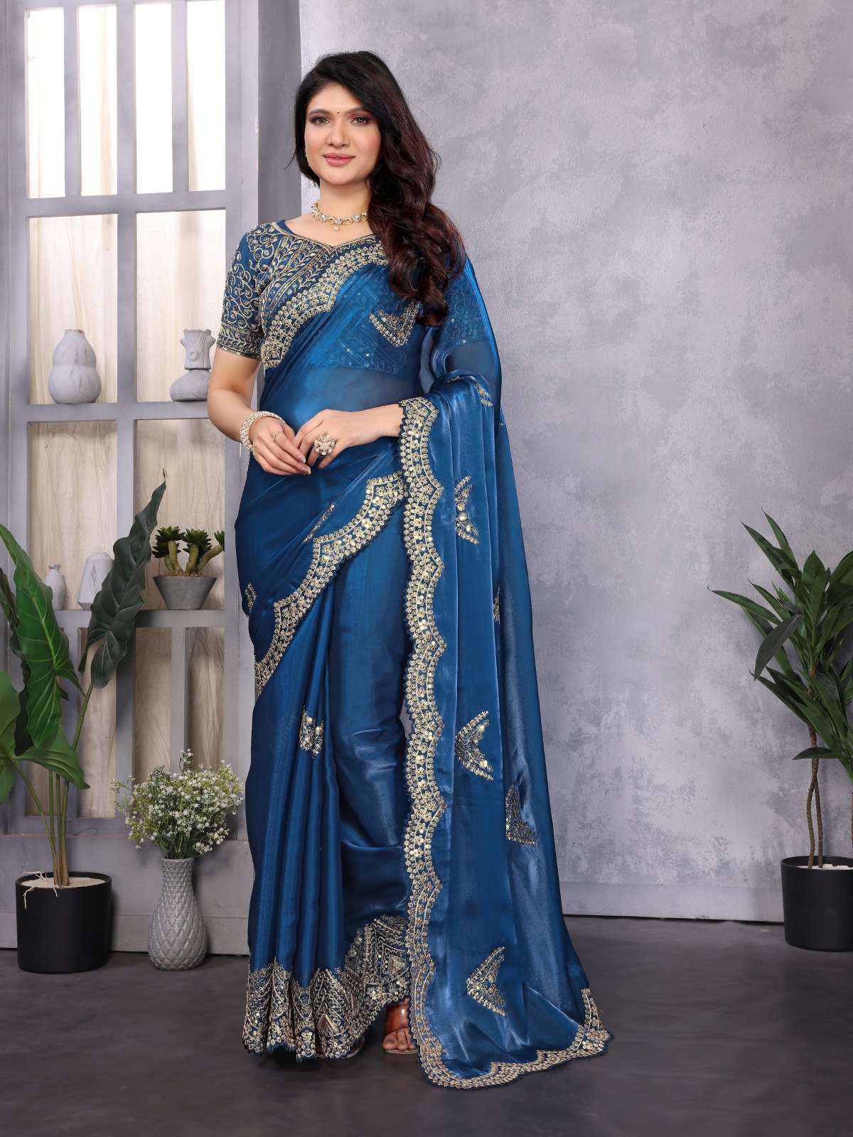 Royal Blue Simmer Chiffon Saree