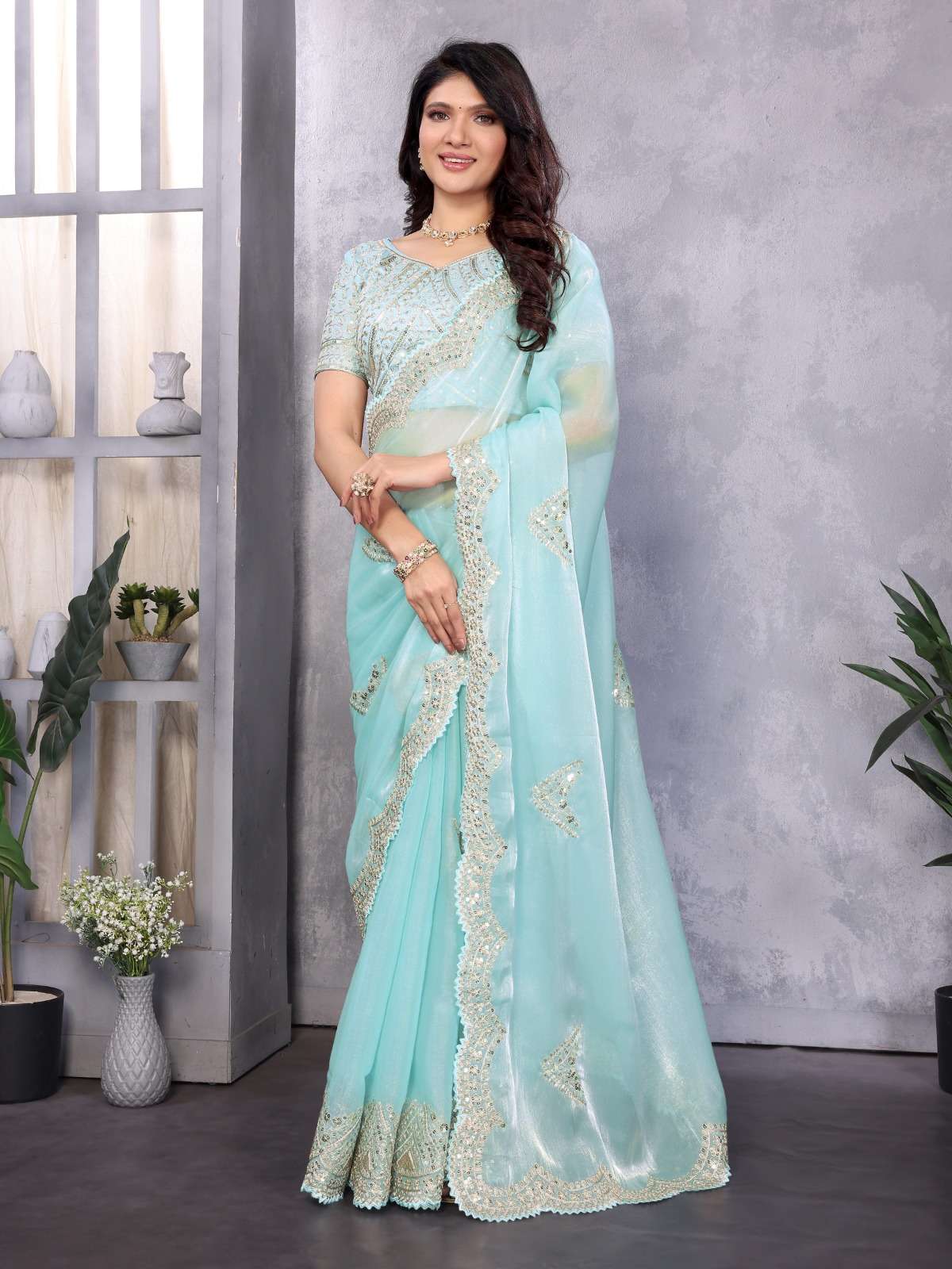 Sky Blue Simmer Chiffon Saree