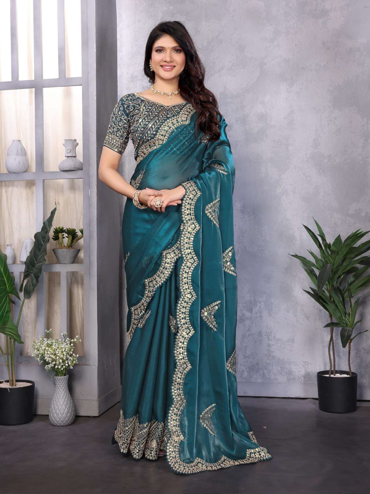 Teal Blue Simmer Chiffon Saree