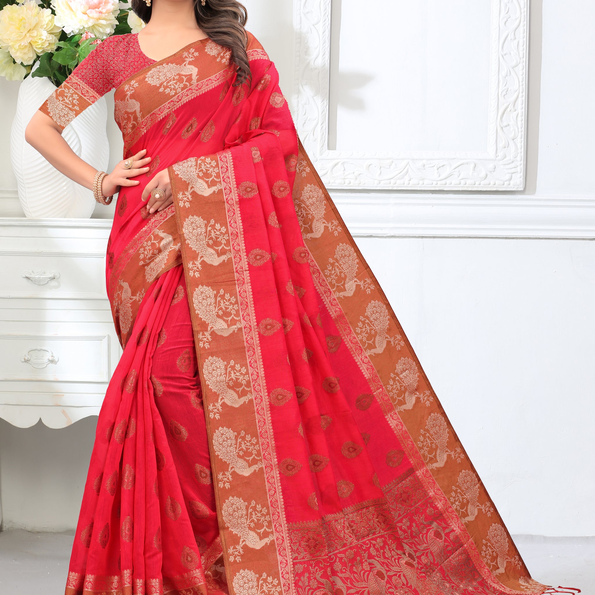 Ishika Fab Red Chanderi Cotton Saree