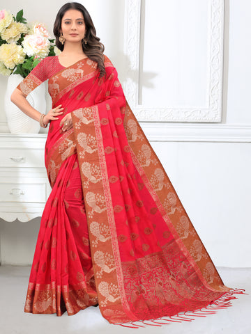 Ishika Fab Red Chanderi Cotton Saree