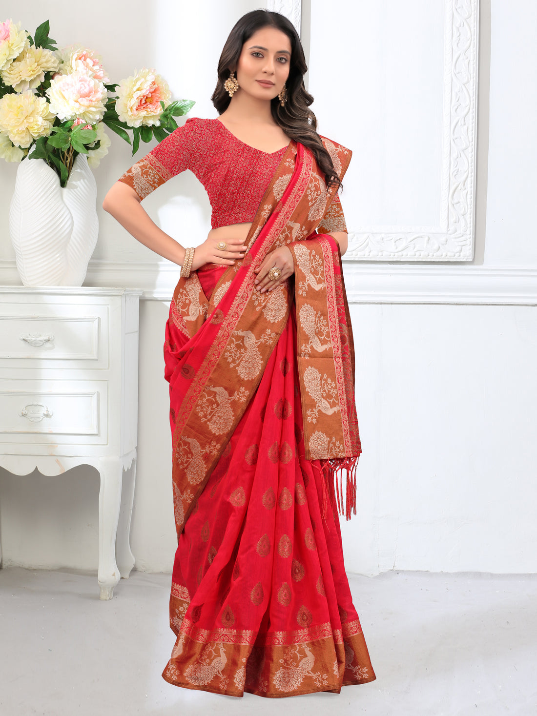 Ishika Fab Red Chanderi Cotton Saree