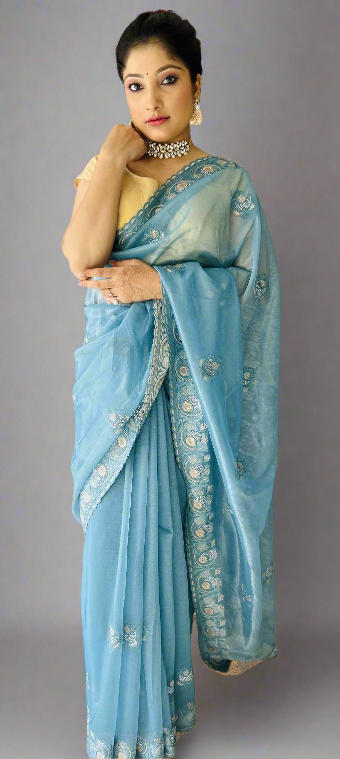 Sky Blue Twilnet Embroidery Sarokshi Saree