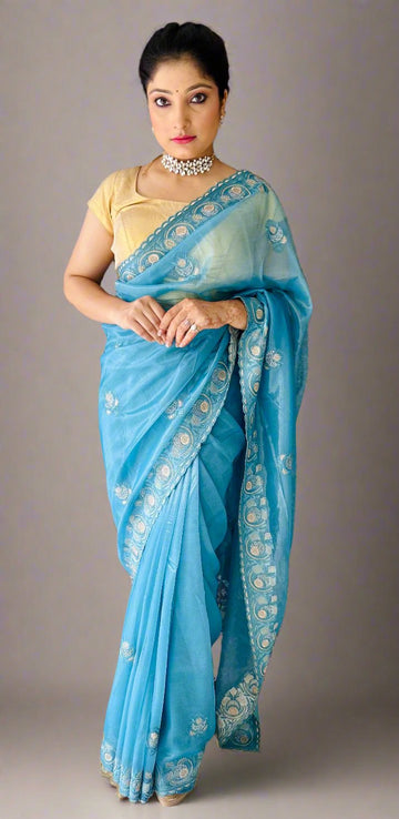 Sky Blue Twilnet Embroidery Sarokshi Saree