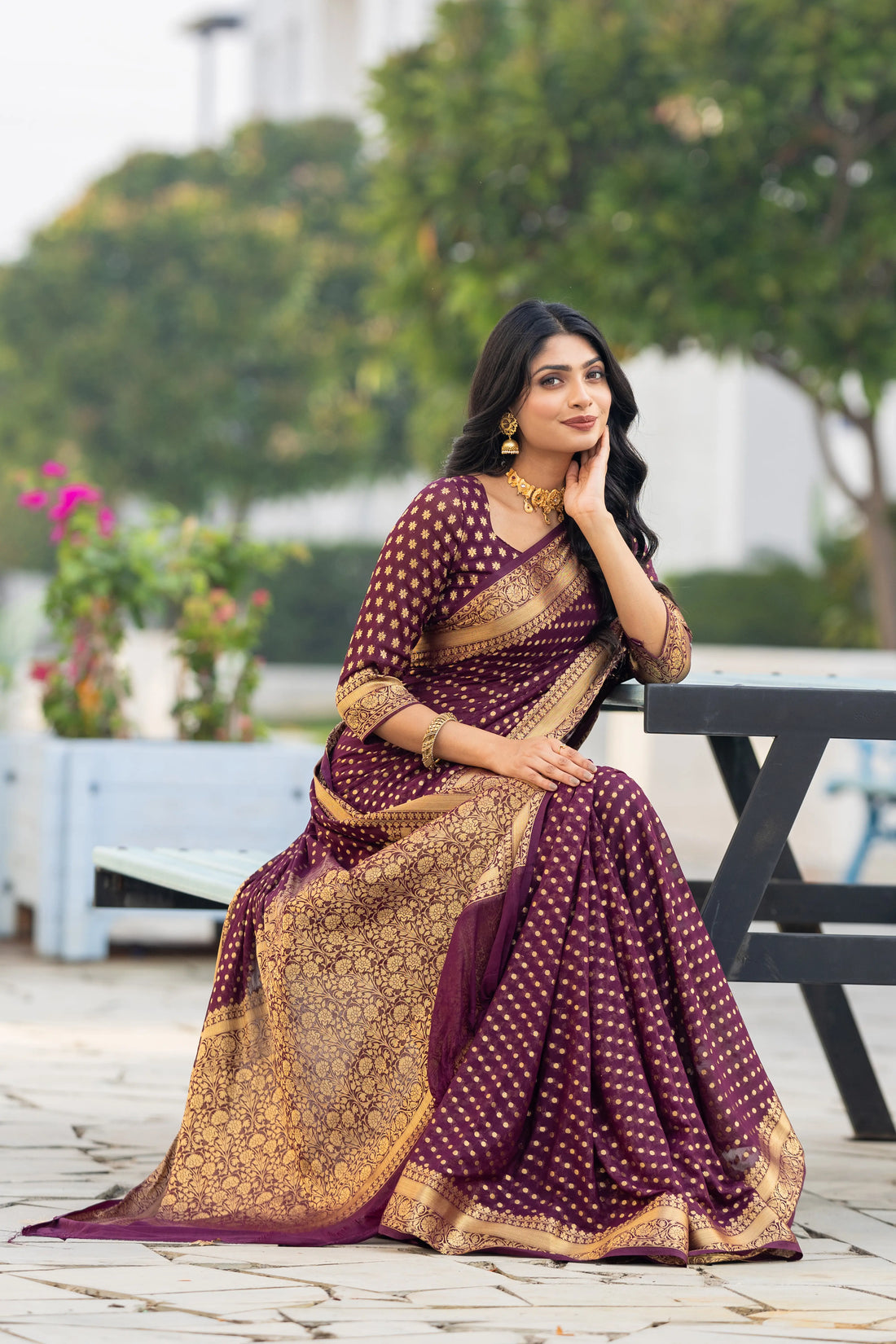 Wine Banarasi Georgette Saree