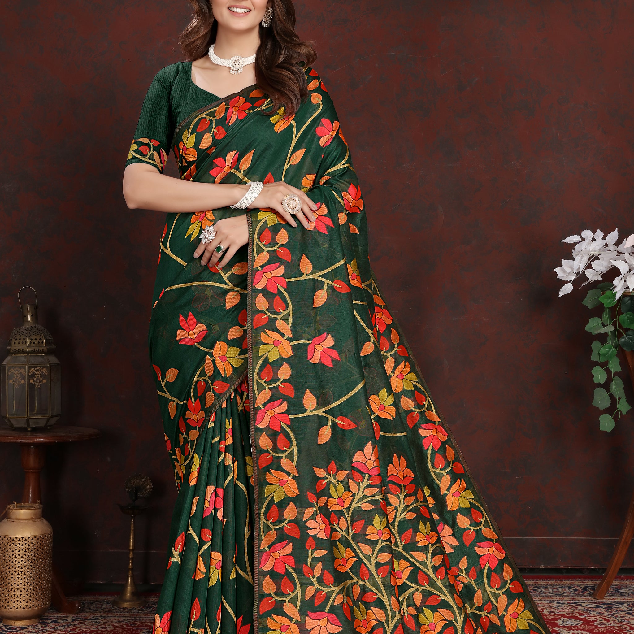 Dark Green Soft Cotton Saree