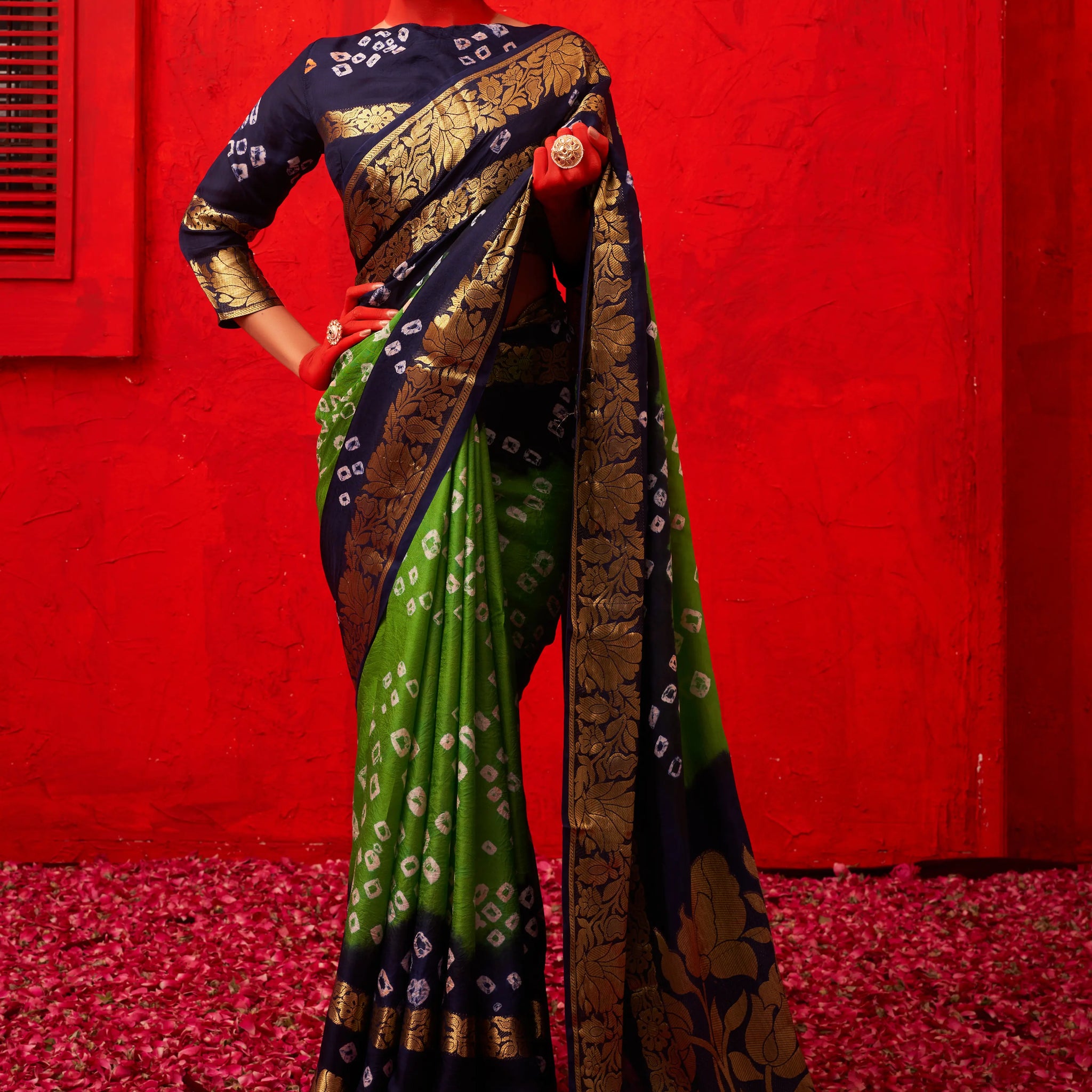 Green & Navy Blue Bandhani Silk Saree