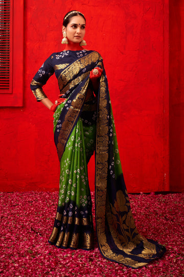 Green & Navy Blue Bandhani Silk Saree