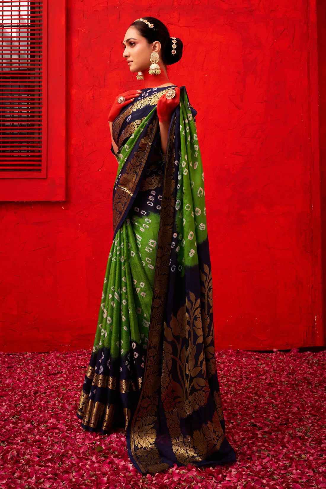 Green & Navy Blue Bandhani Silk Saree