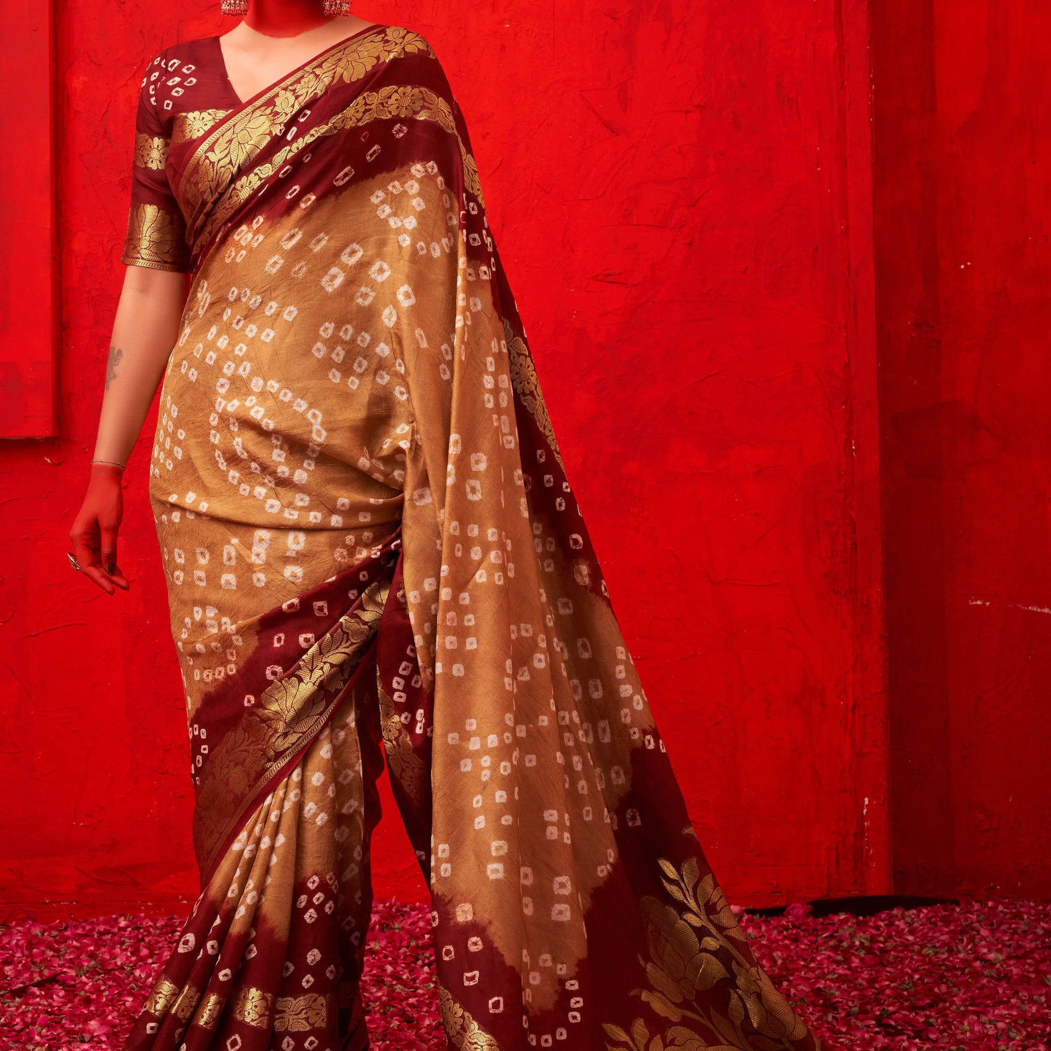 Beige & Maroon Bandhani Silk Saree