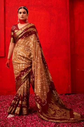 Beige & Maroon Bandhani Silk Saree