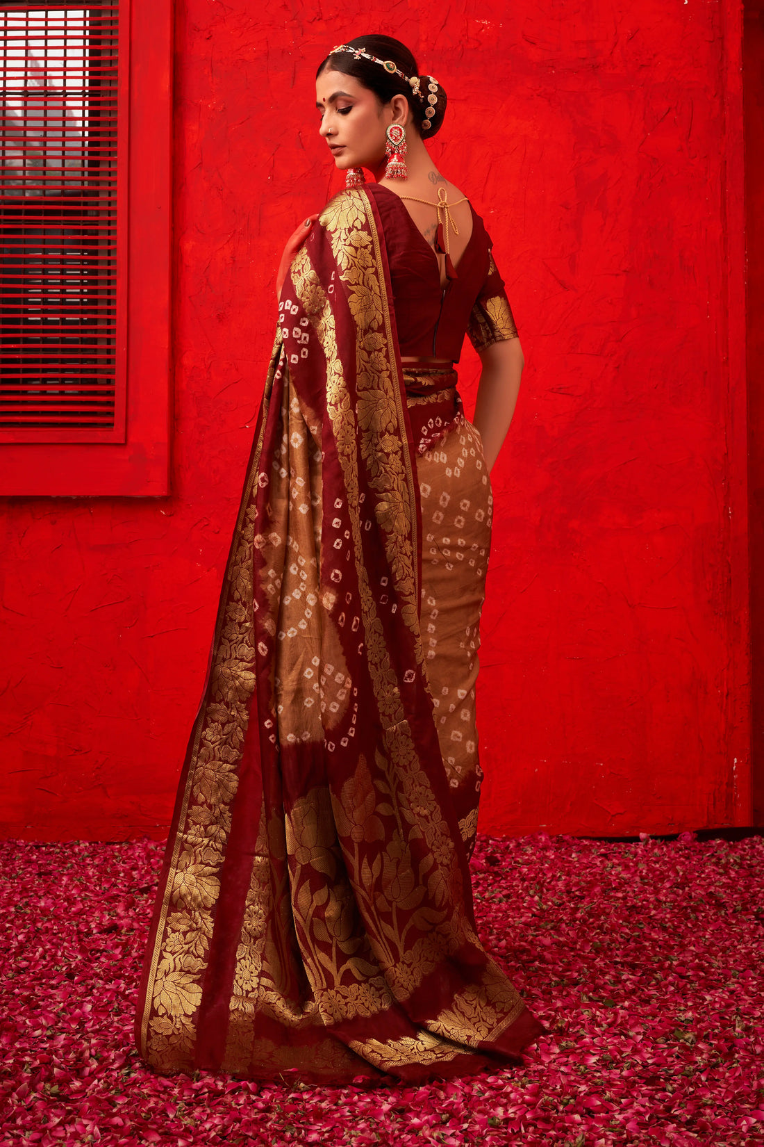 Beige & Maroon Bandhani Silk Saree