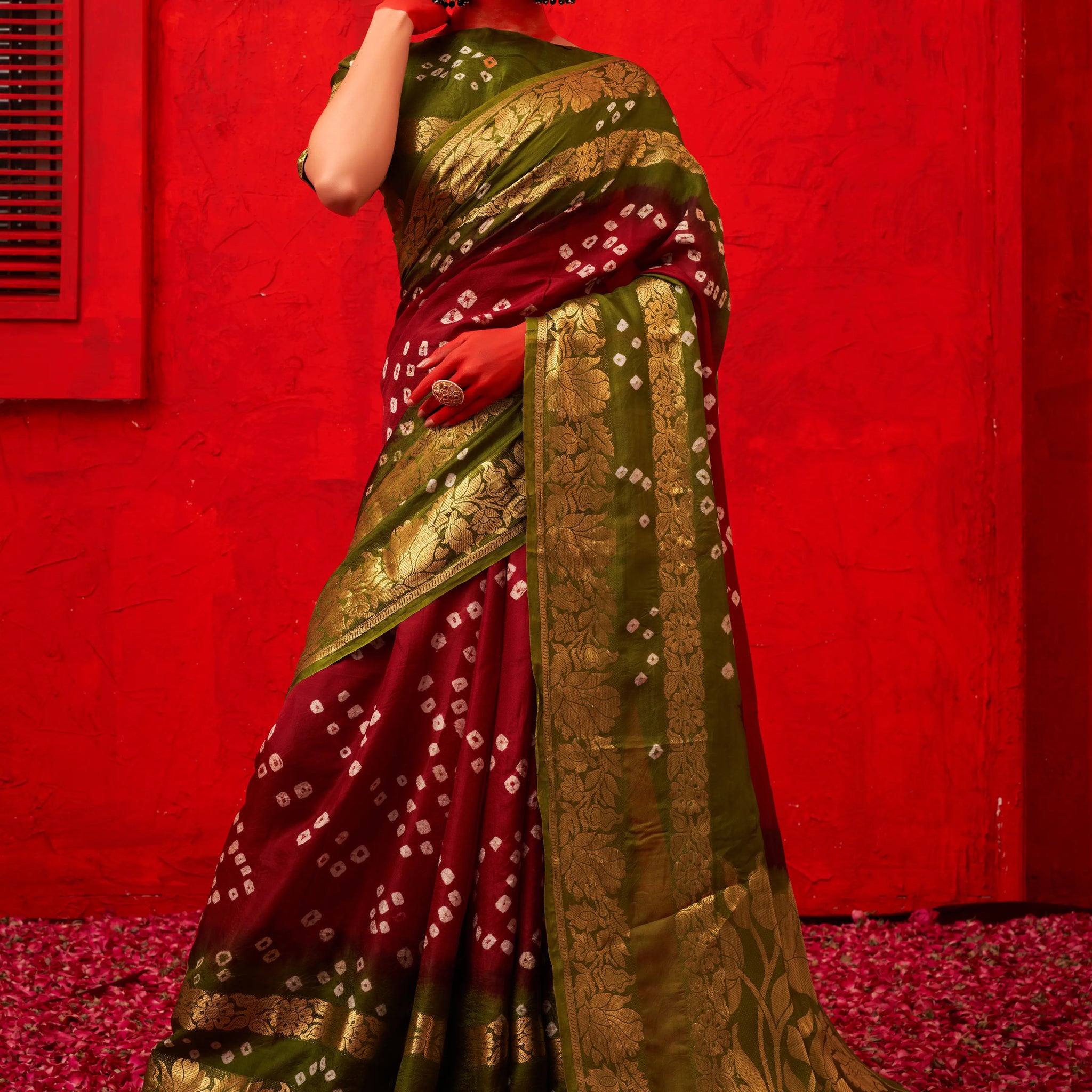 Green & Maroon Bandhani Silk Saree