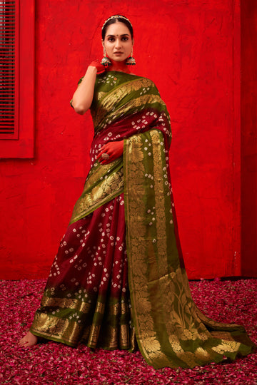 Green & Maroon Bandhani Silk Saree