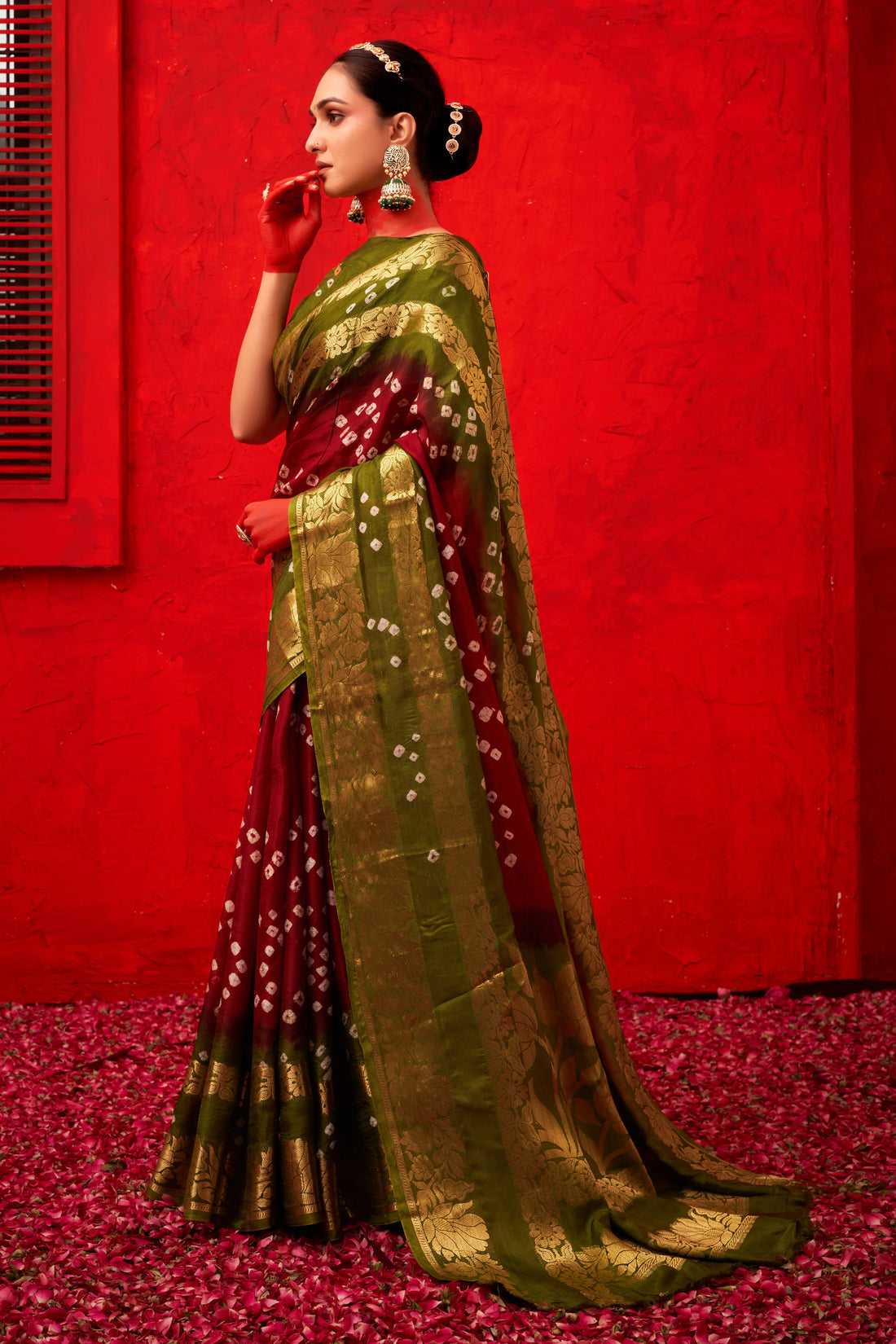 Green & Maroon Bandhani Silk Saree