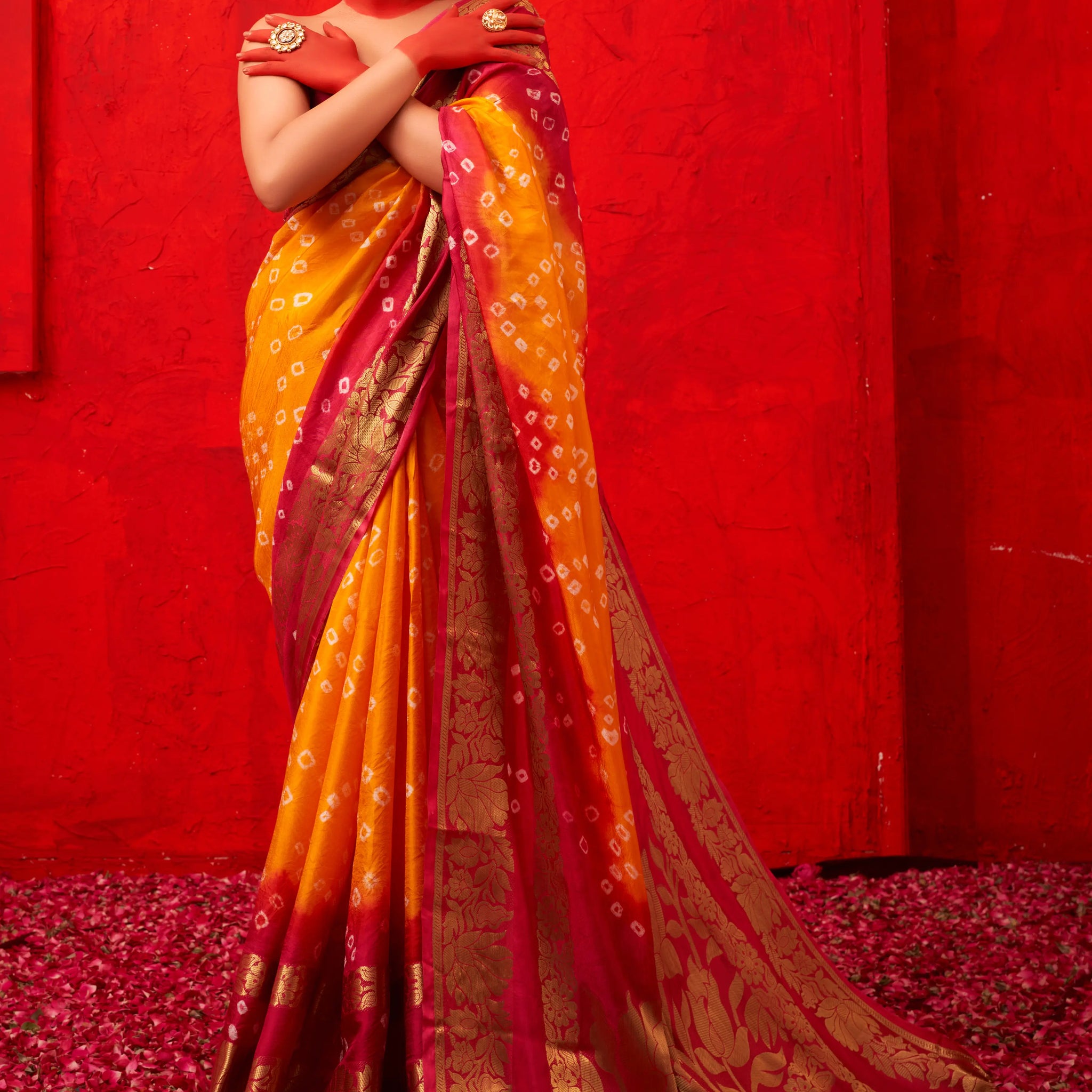 Orange & Pink Bandhani Silk Saree