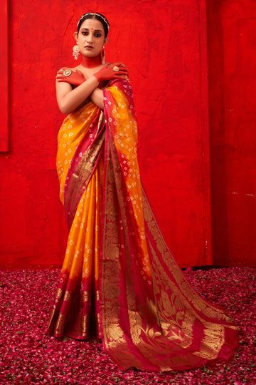 Orange & Pink Bandhani Silk Saree