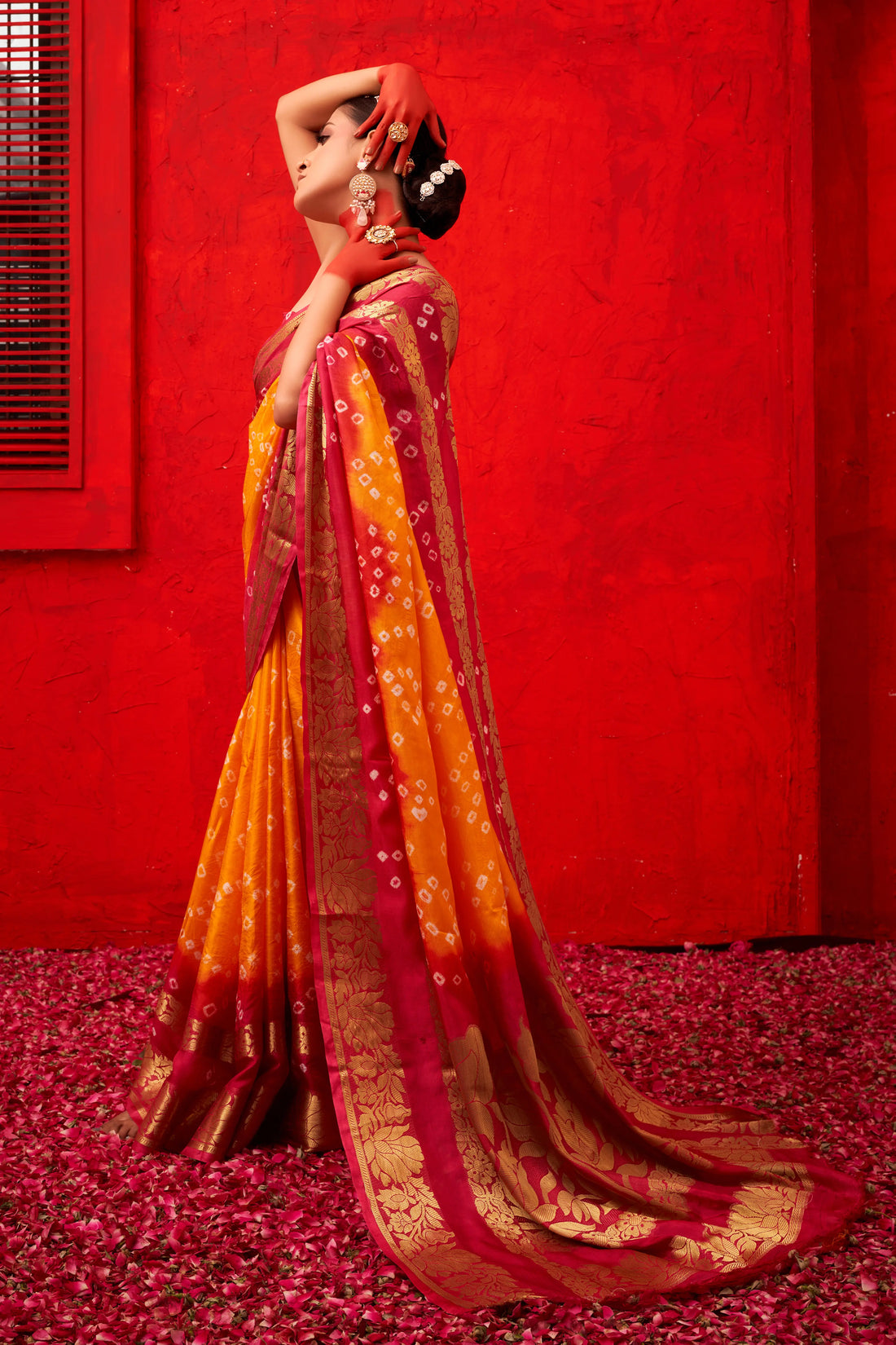 Orange & Pink Bandhani Silk Saree