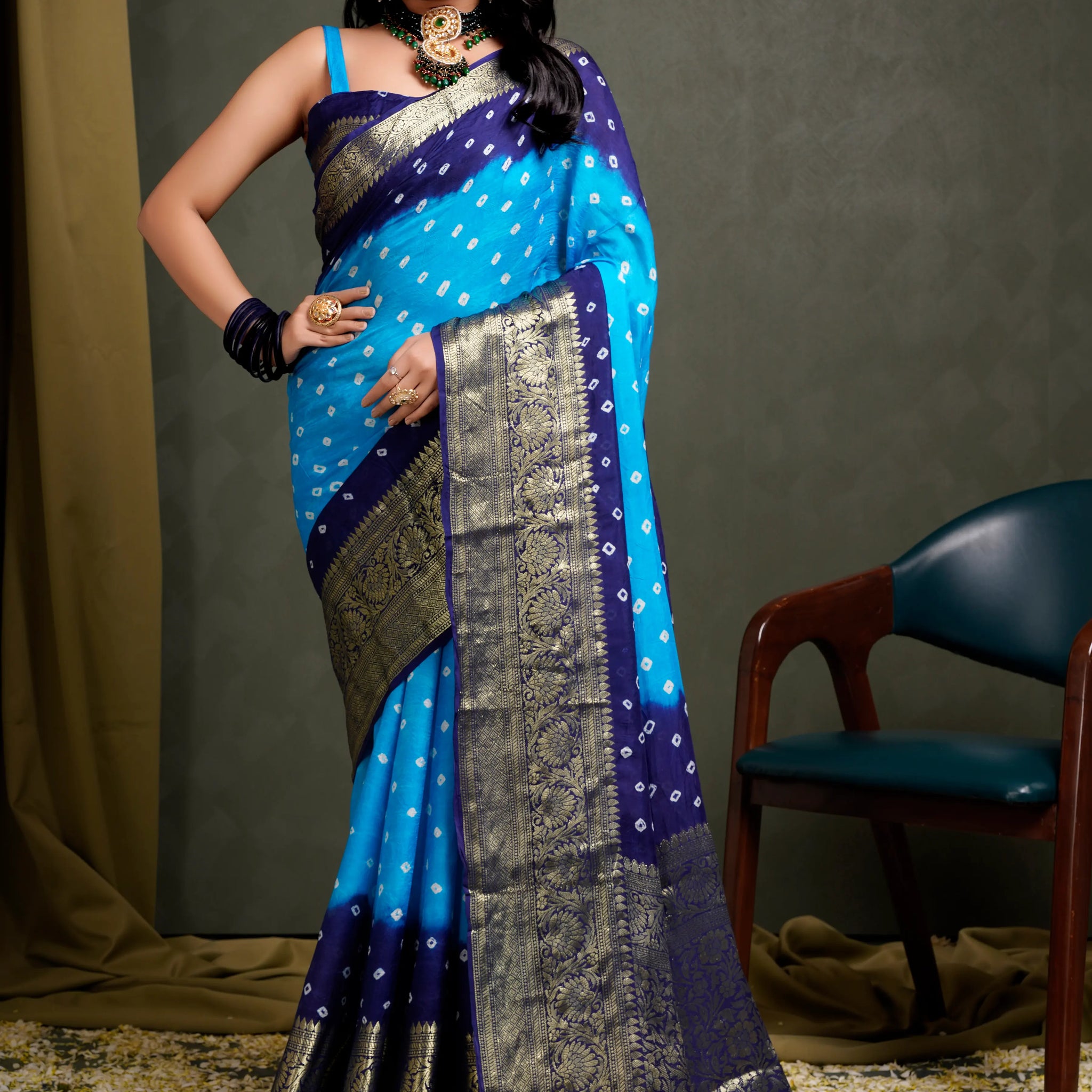 Azure Blue Bandhani Silk Saree