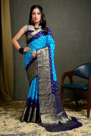 Azure Blue Bandhani Silk Saree