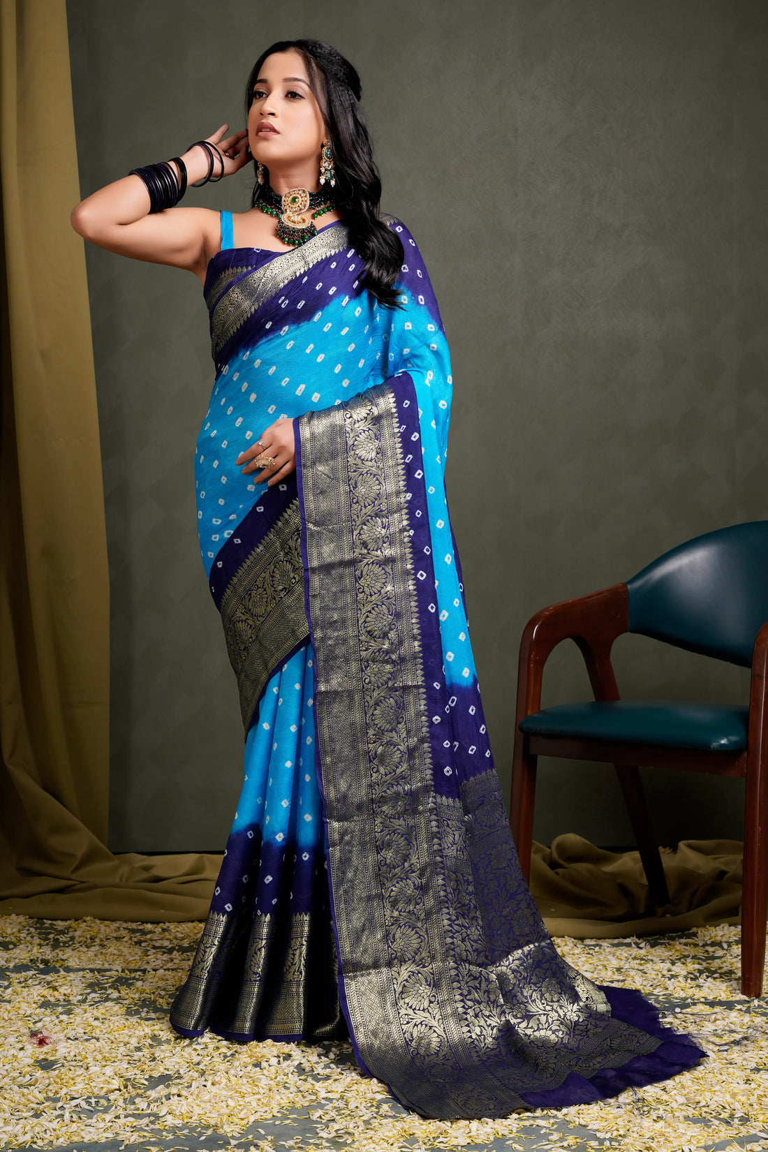 Azure Blue Bandhani Silk Saree