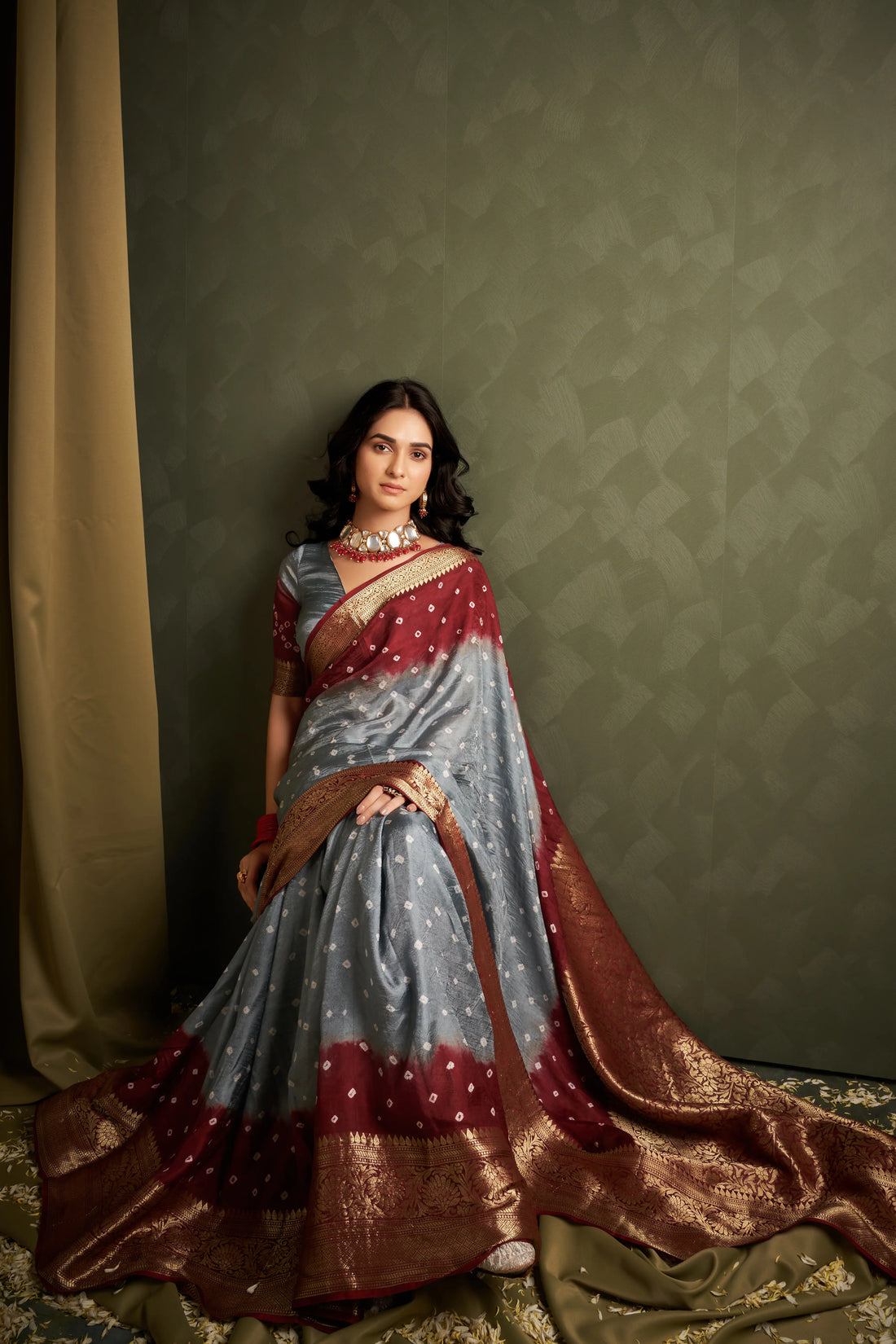 Gray Bandhani Silk Saree