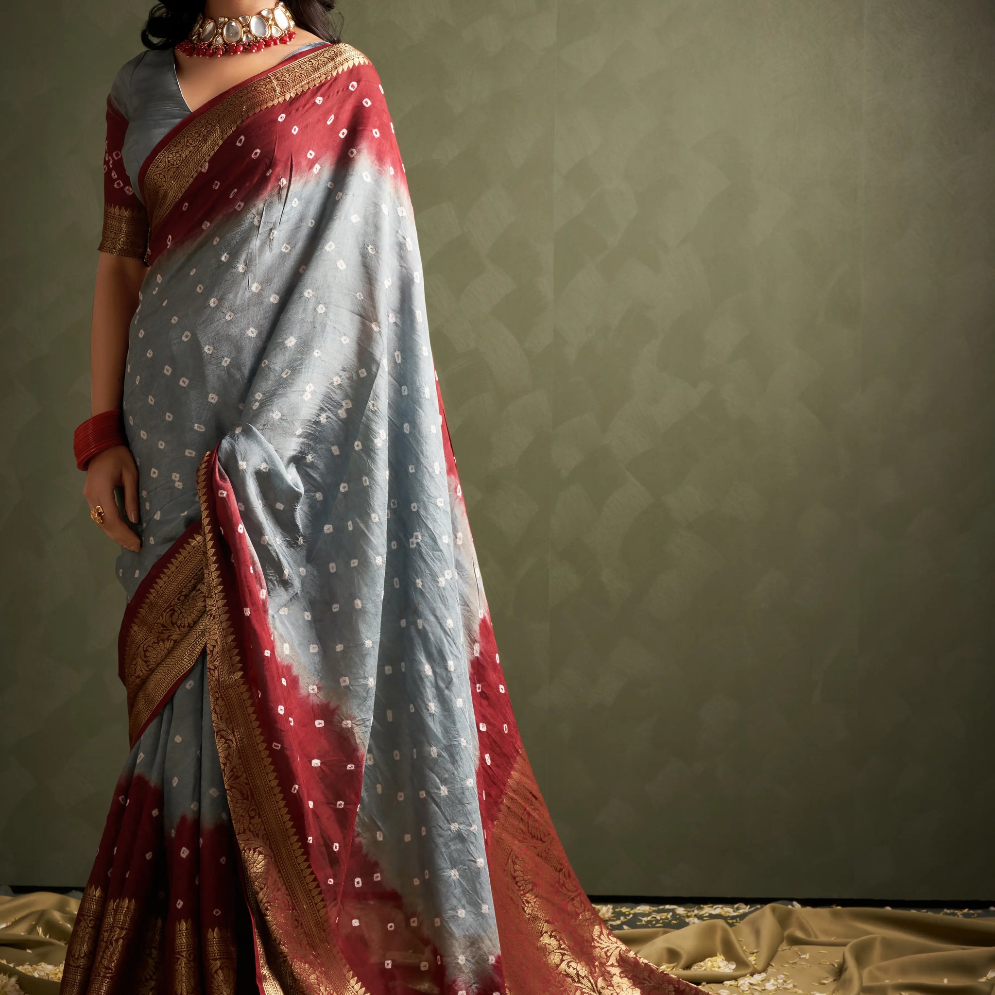 Gray Bandhani Silk Saree