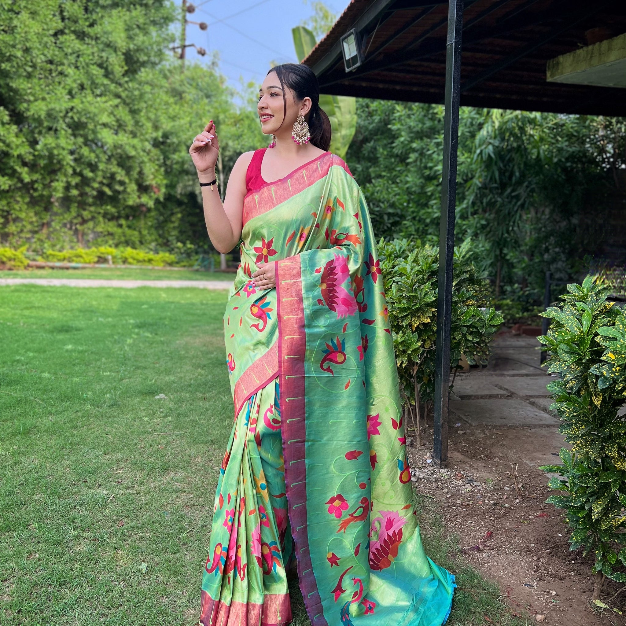 Lime Green Paithani Silk Saree