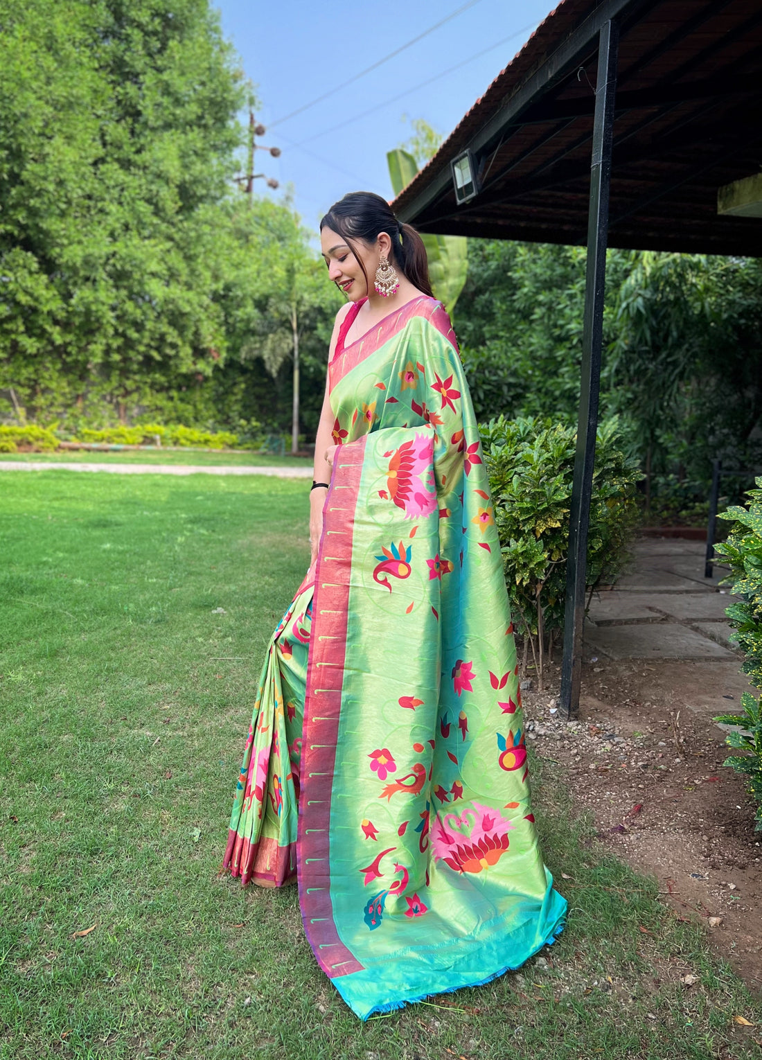 Lime Green Paithani Silk Saree