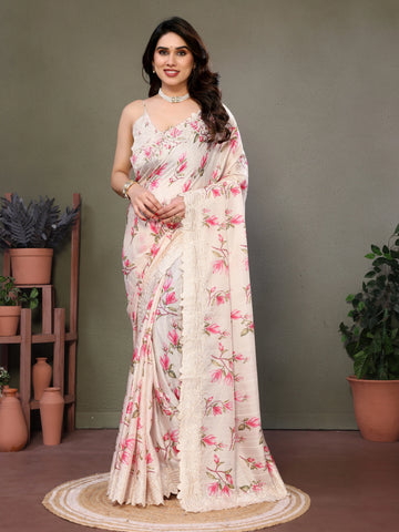 White Tussar Silk Saree