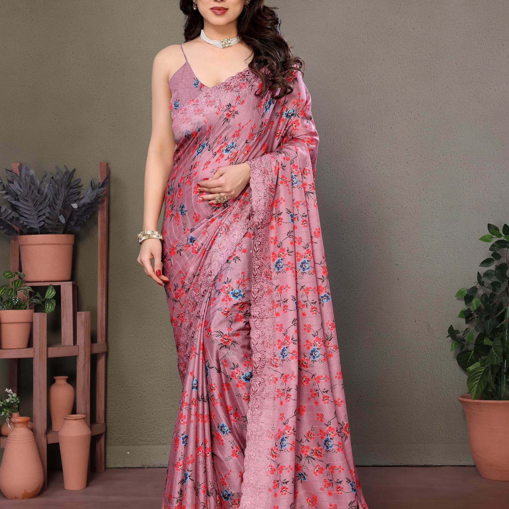 Pink Tussar Silk Saree