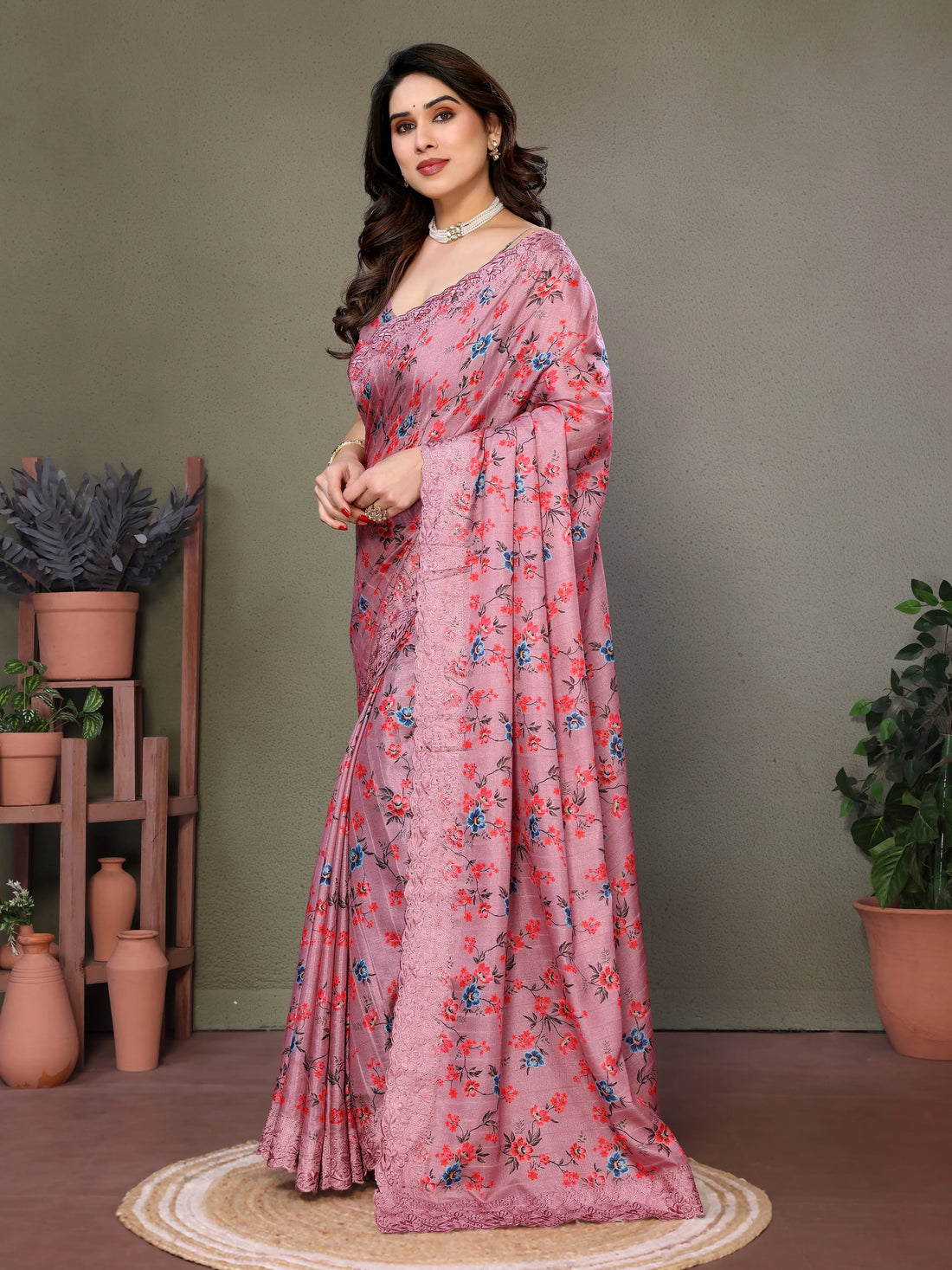 Pink Tussar Silk Saree