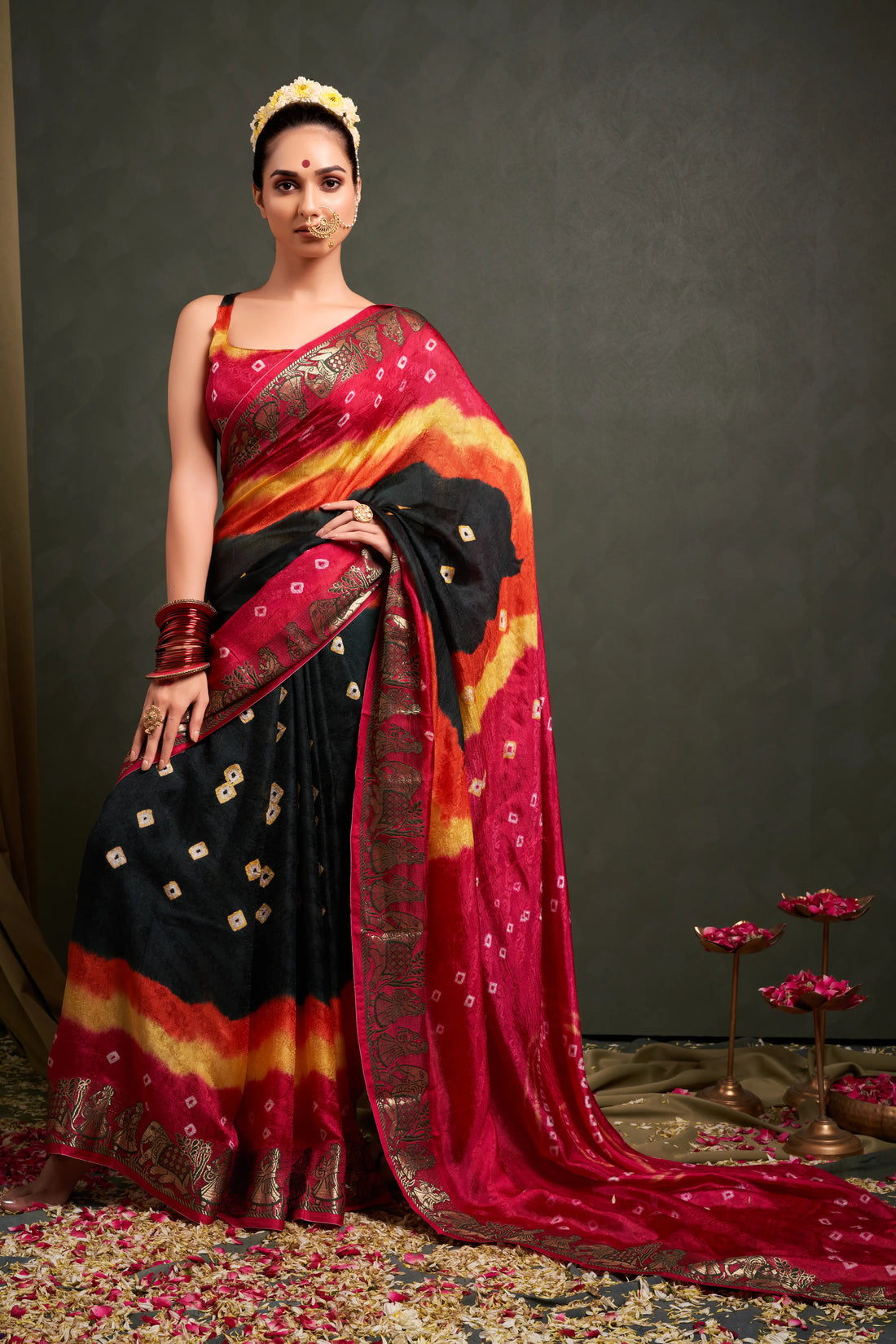 Dark Green & Pink Viscose Art Silk Saree