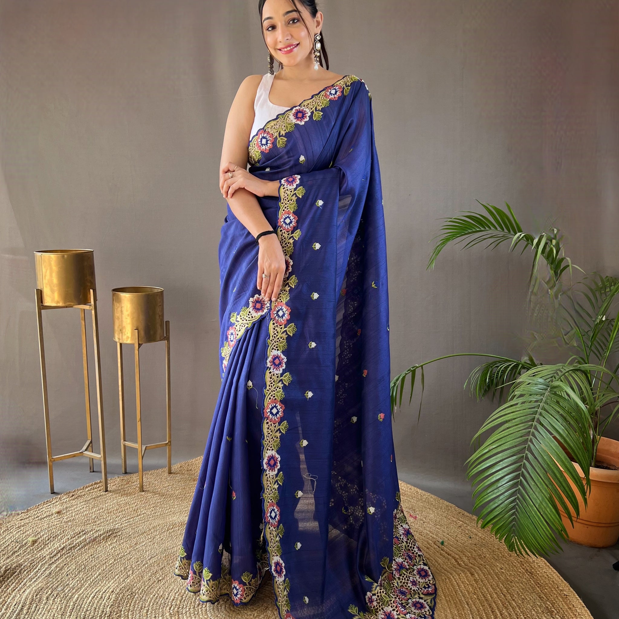 Navy Blue Tussar Silk Saree