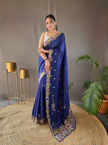 Navy Blue Tussar Silk Saree