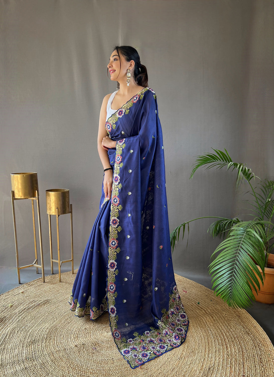 Navy Blue Tussar Silk Saree