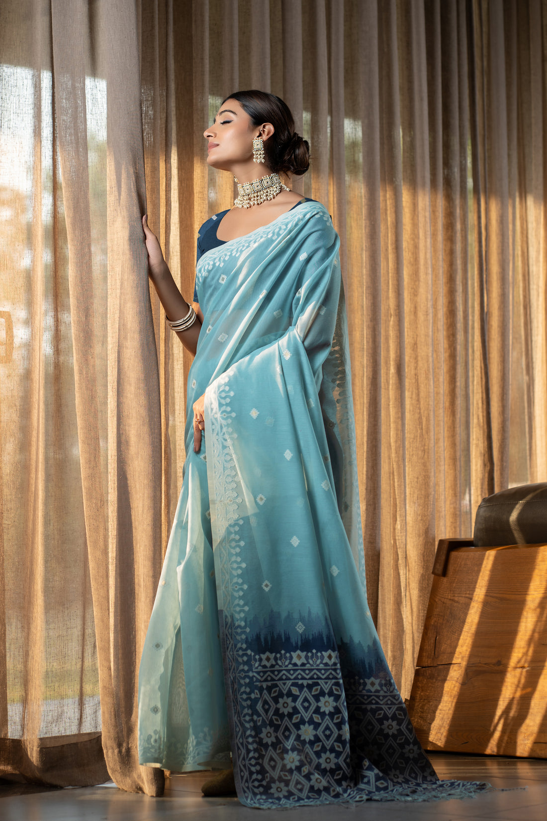 Blue Mulmul Cotton Saree