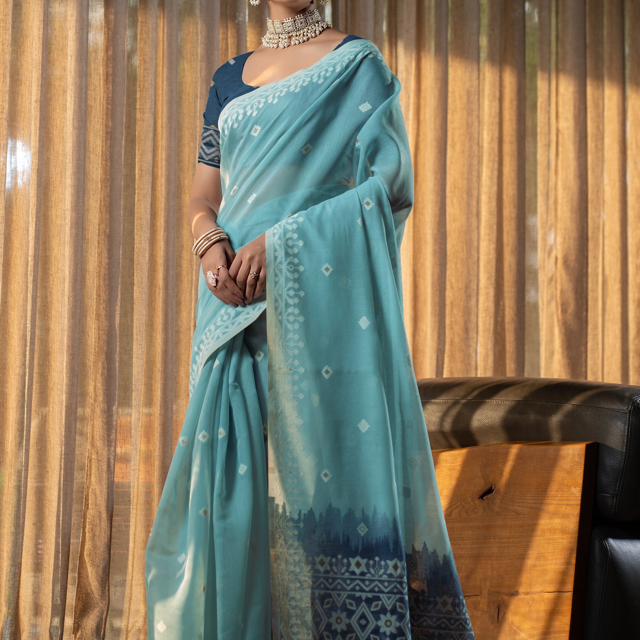 Blue Mulmul Cotton Saree