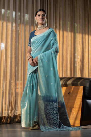 Blue Mulmul Cotton Saree