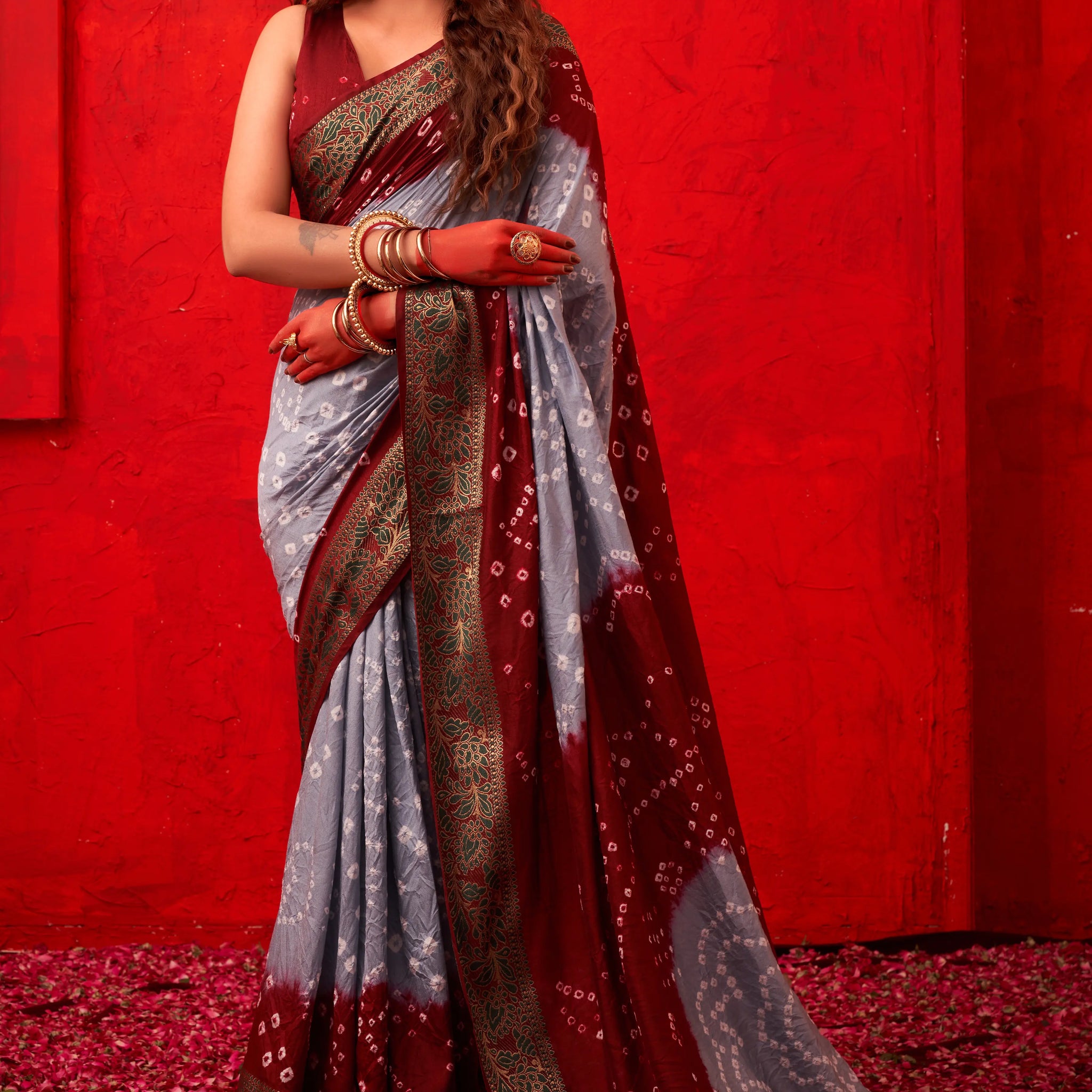 Gray & Maroon Bandhani Nylon Dola Silk Saree