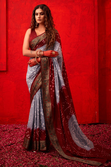 Gray & Maroon Bandhani Nylon Dola Silk Saree