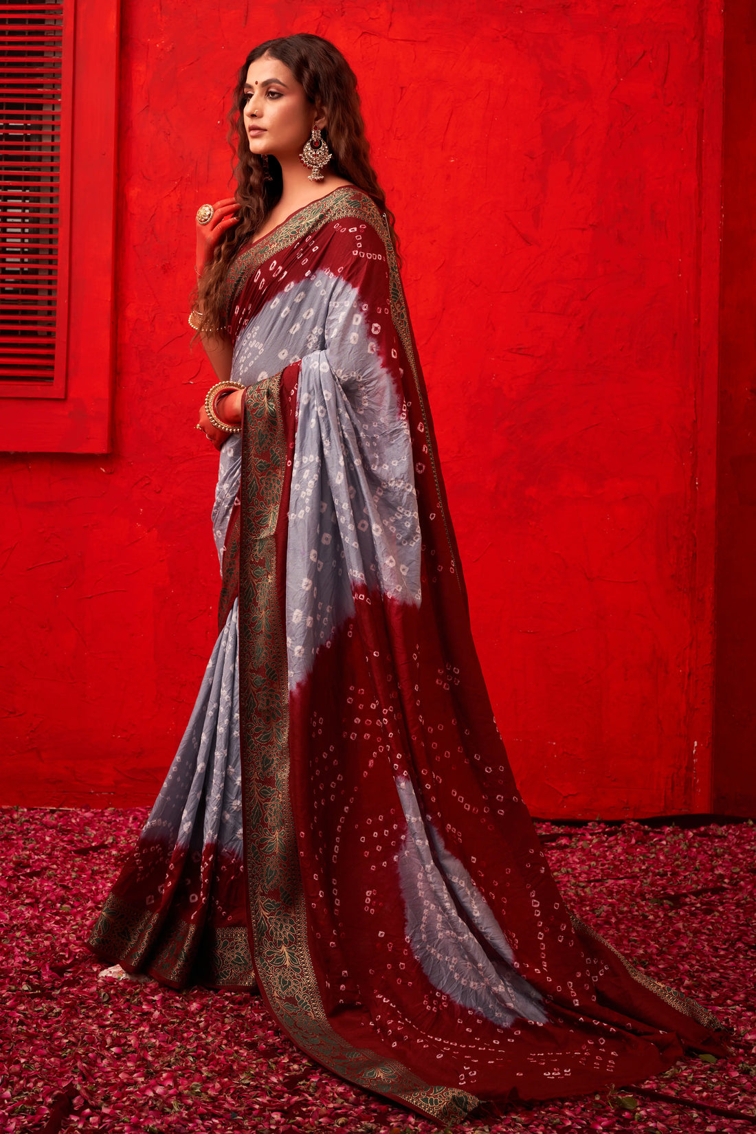 Gray & Maroon Bandhani Nylon Dola Silk Saree